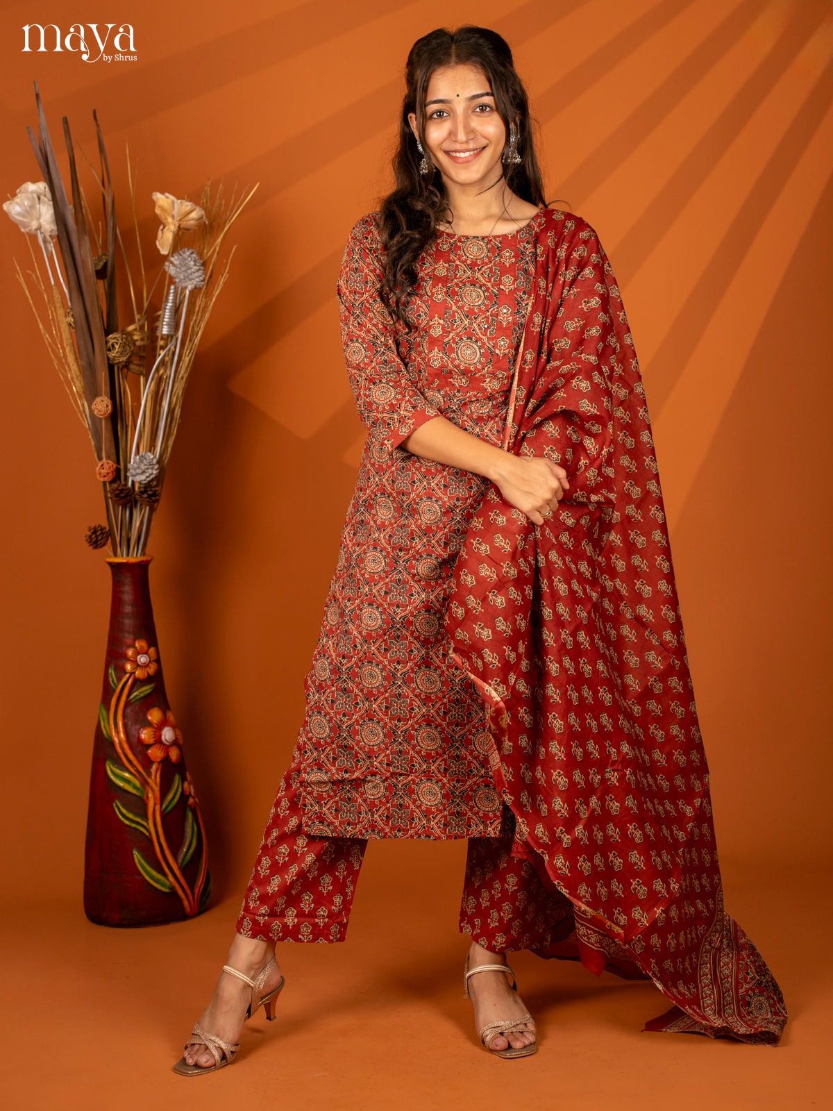 Brown Cotton 3PC Salwar with Block Print - Top, Bottom & Dupatta