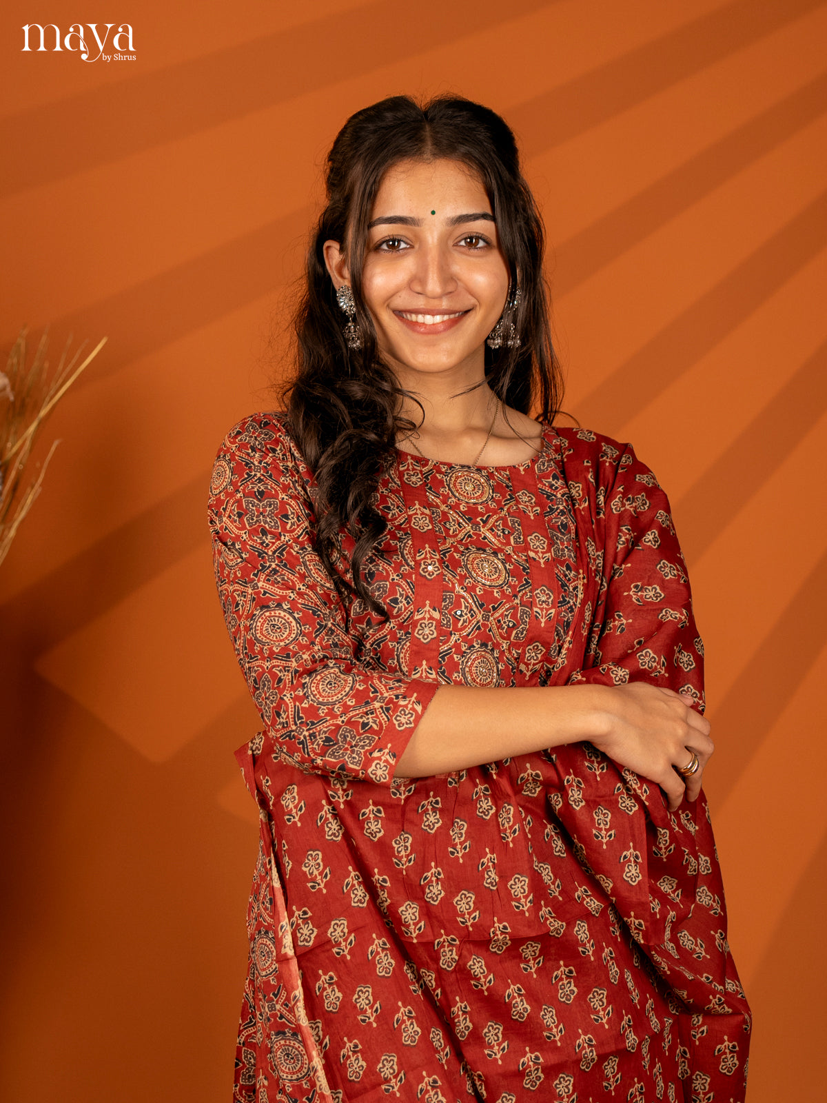 Brown Cotton 3PC Salwar with Block Print - Top, Bottom & Dupatta