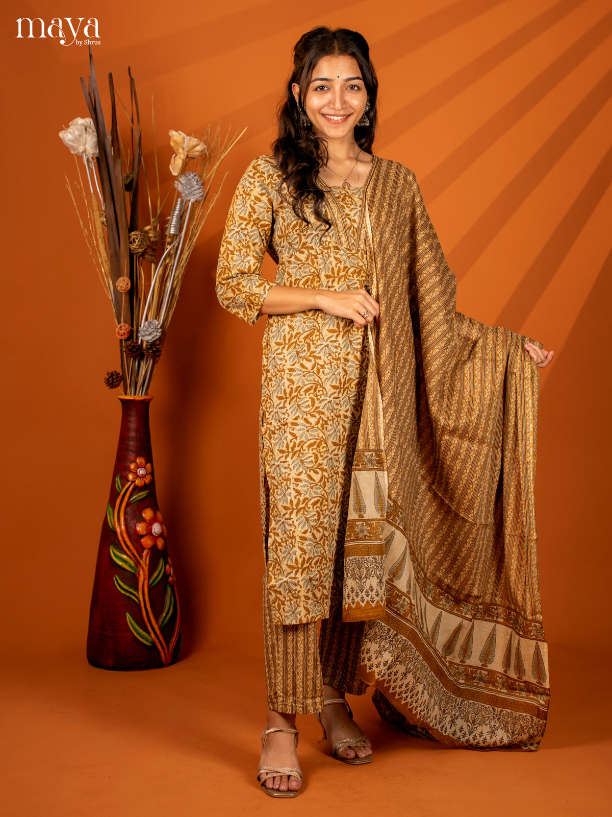 Brown Cotton 3PC Salwar with Block Print - Top, Bottom & Dupatta