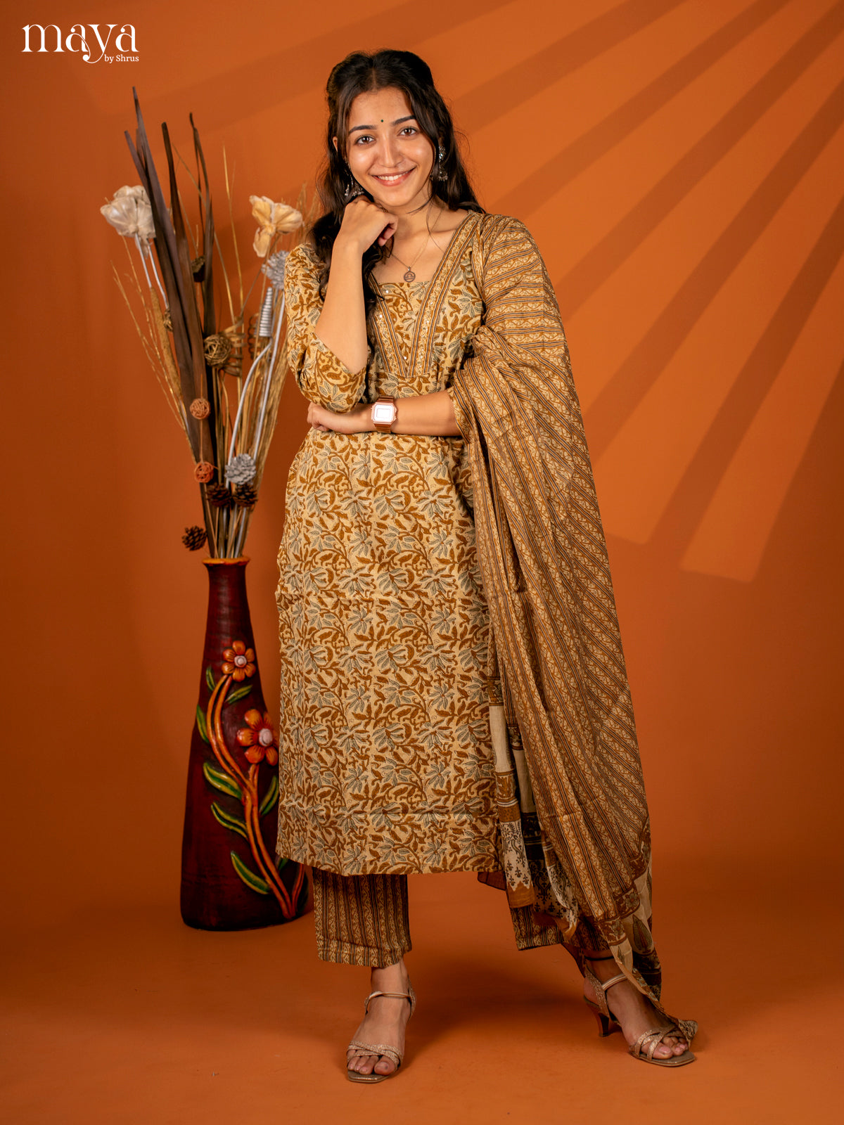 Brown Cotton 3PC Salwar with Block Print - Top, Bottom & Dupatta