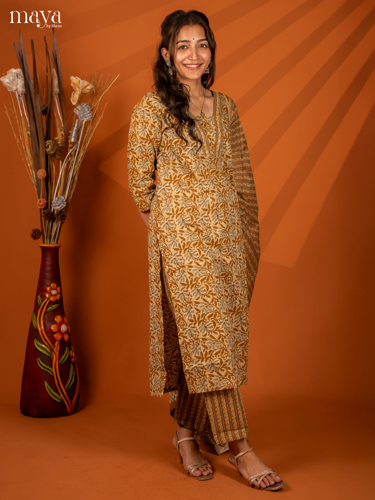 Brown Cotton 3PC Salwar with Block Print - Top, Bottom & Dupatta