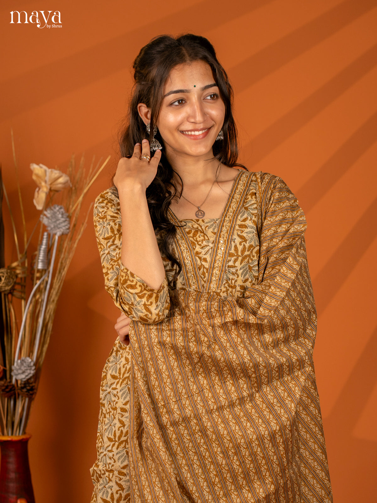 Brown Cotton 3PC Salwar with Block Print - Top, Bottom & Dupatta