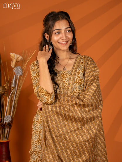 Brown Cotton 3PC Salwar with Block Print - Top, Bottom & Dupatta