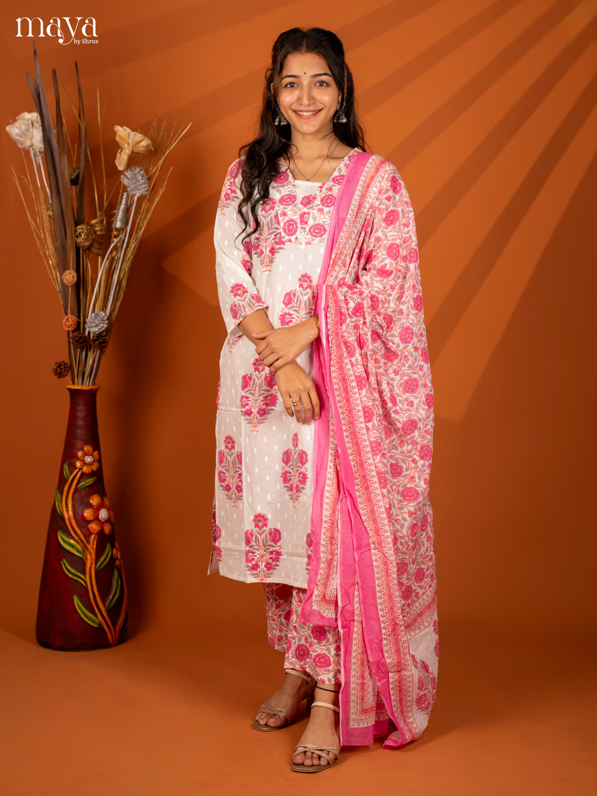 White Cotton 3Pc Salwar with Floral Print - Top, Bottom & Dupatta