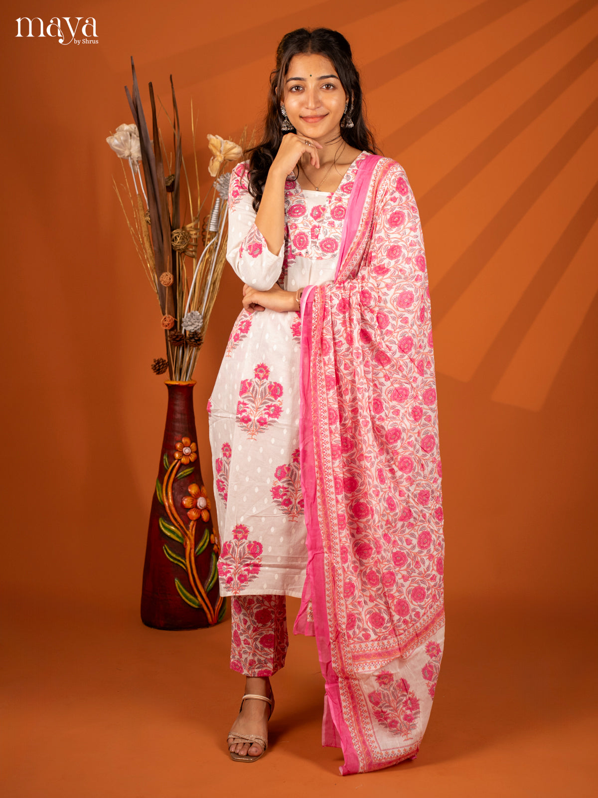 White Cotton 3Pc Salwar with Floral Print - Top, Bottom & Dupatta