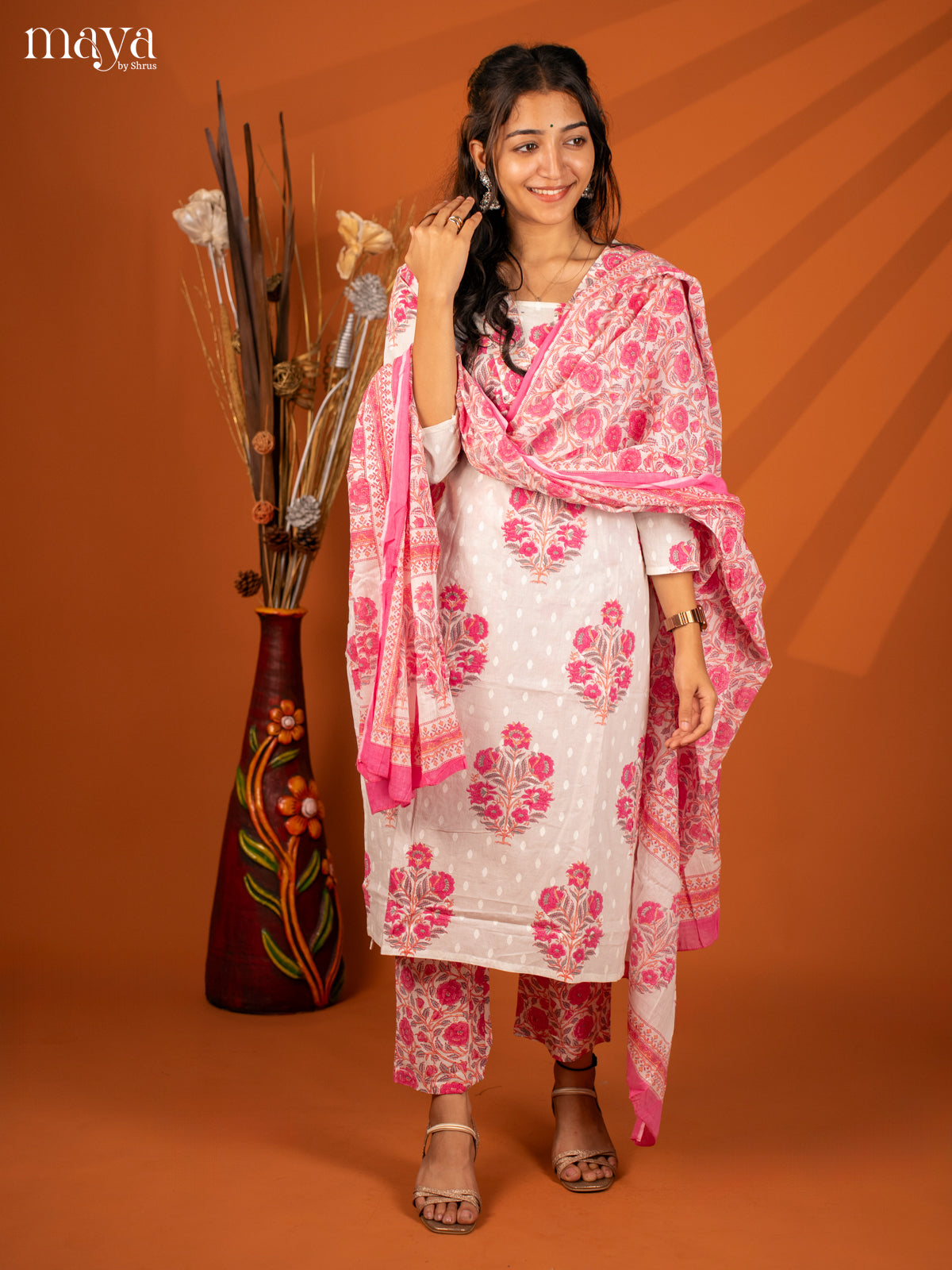 White Cotton 3Pc Salwar with Floral Print - Top, Bottom & Dupatta