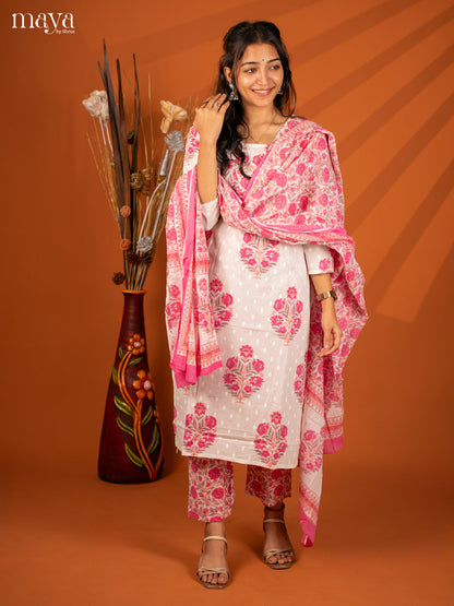 White Cotton 3Pc Salwar with Floral Print - Top, Bottom & Dupatta
