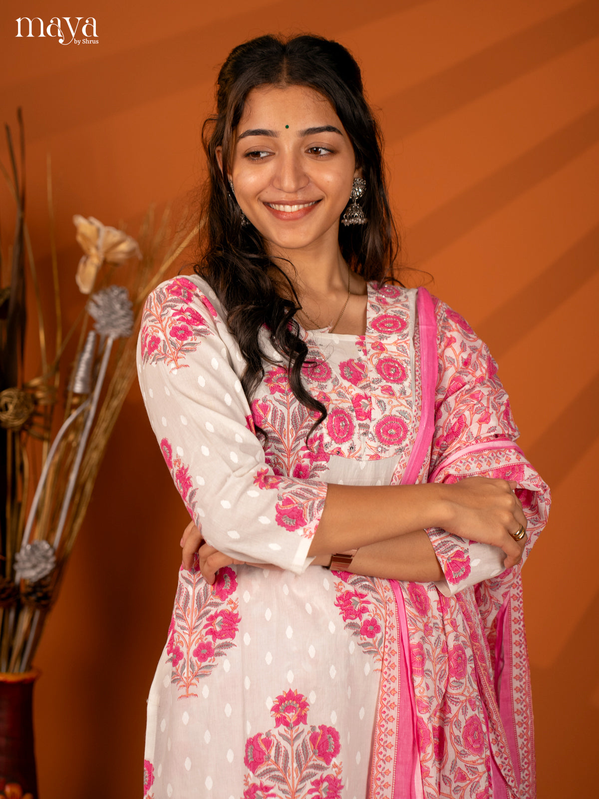 White Cotton 3Pc Salwar with Floral Print - Top, Bottom & Dupatta