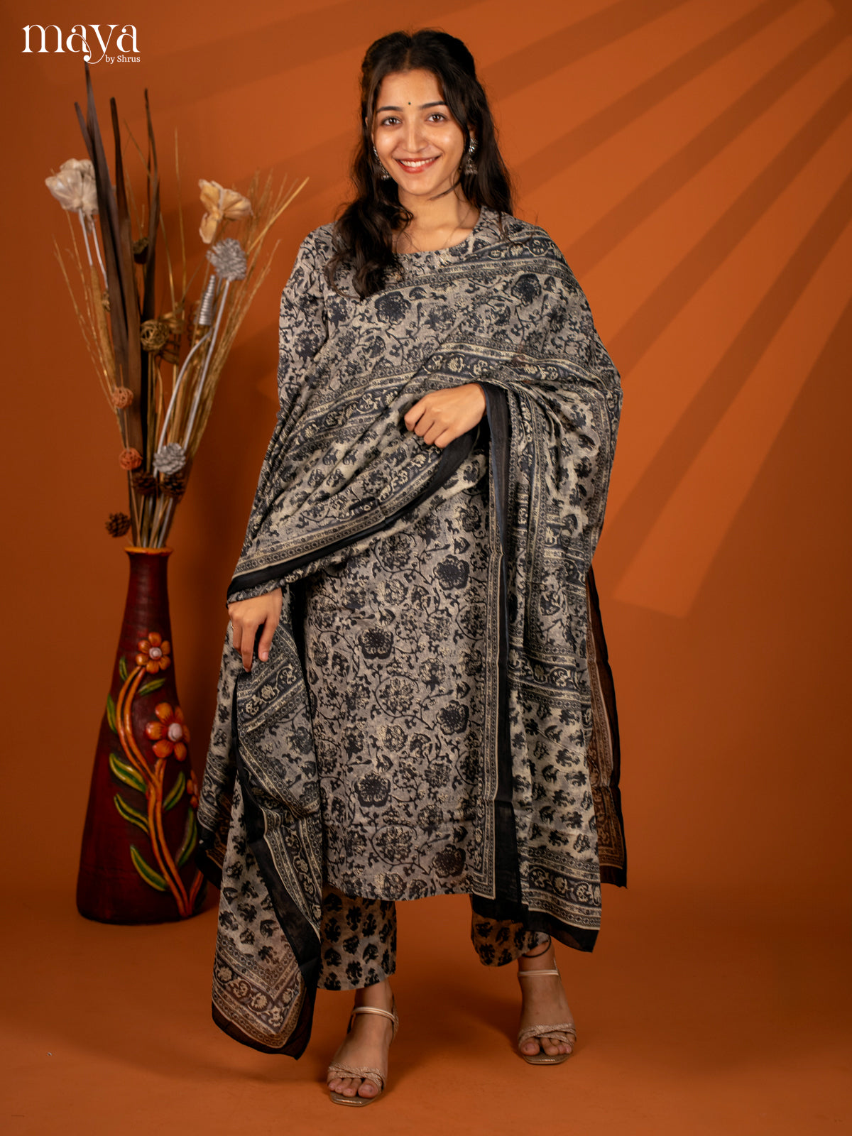Grey Cotton 3Pc Salwar with Floral Print - Top, Bottom & Dupatta