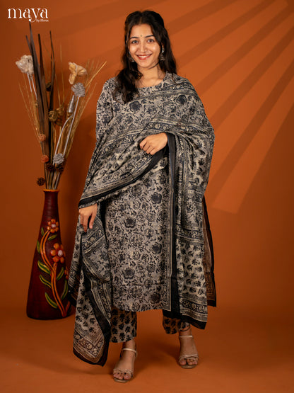 Grey Cotton 3Pc Salwar with Floral Print - Top, Bottom & Dupatta