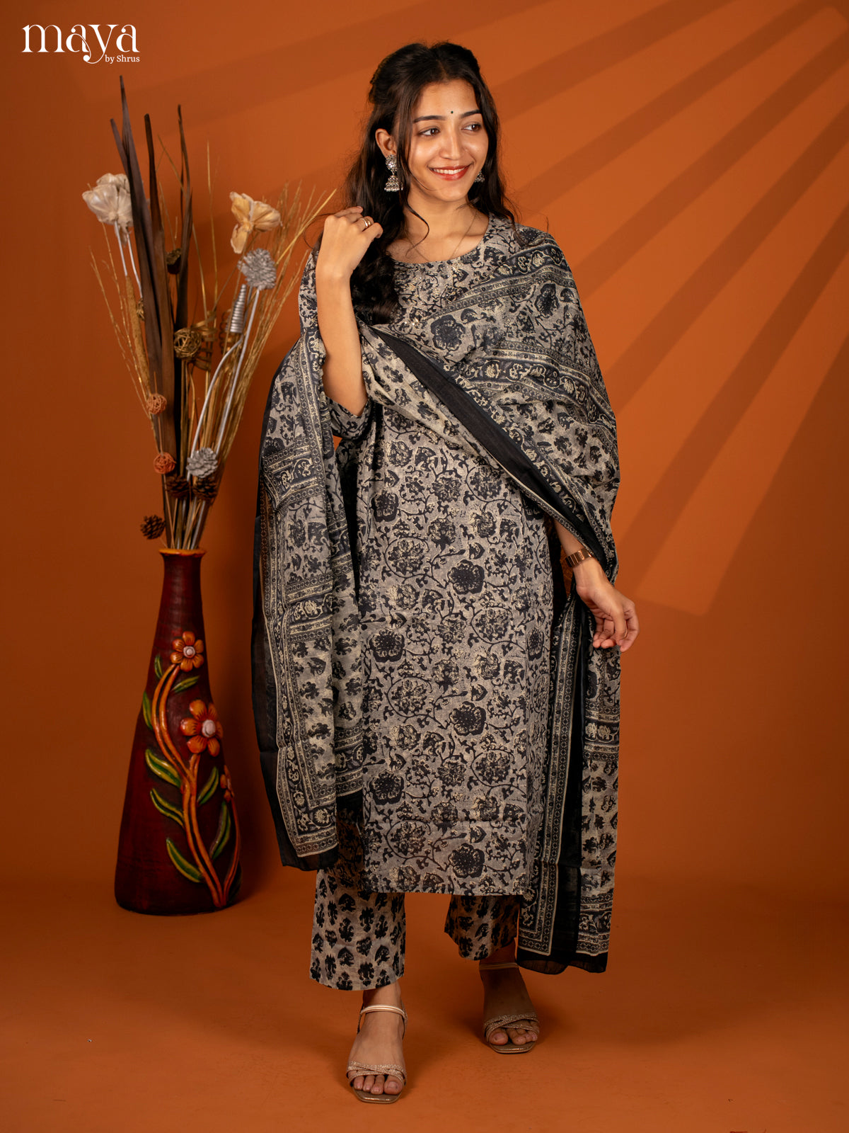 Grey Cotton 3Pc Salwar with Floral Print - Top, Bottom & Dupatta