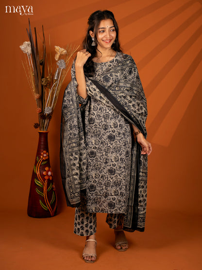 Grey Cotton 3Pc Salwar with Floral Print - Top, Bottom & Dupatta