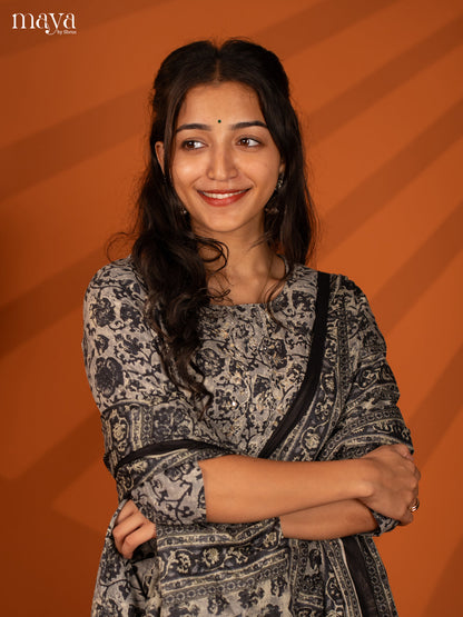 Grey Cotton 3Pc Salwar with Floral Print - Top, Bottom & Dupatta - Shop on Shrus.com