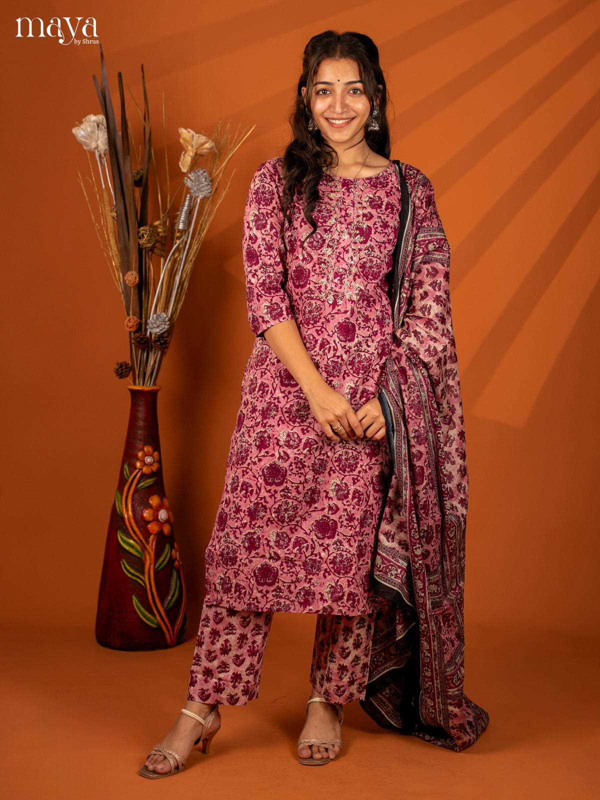 Pink Cotton 3Pc Salwar with Floral Print - Top, Bottom & Dupatta