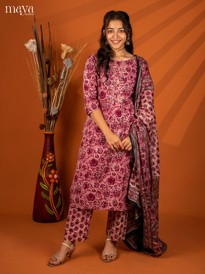 Pink Cotton 3Pc Salwar with Floral Print - Top, Bottom & Dupatta