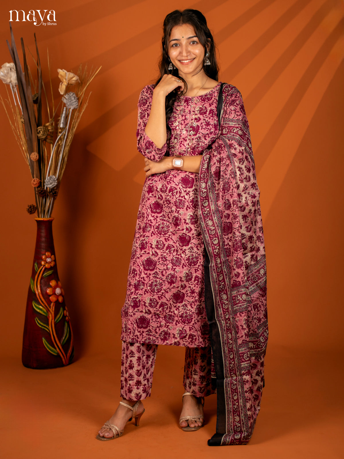 Pink Cotton 3Pc Salwar with Floral Print - Top, Bottom & Dupatta