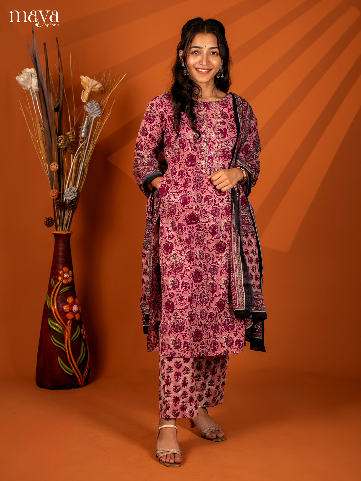 Pink Cotton 3Pc Salwar with Floral Print - Top, Bottom & Dupatta