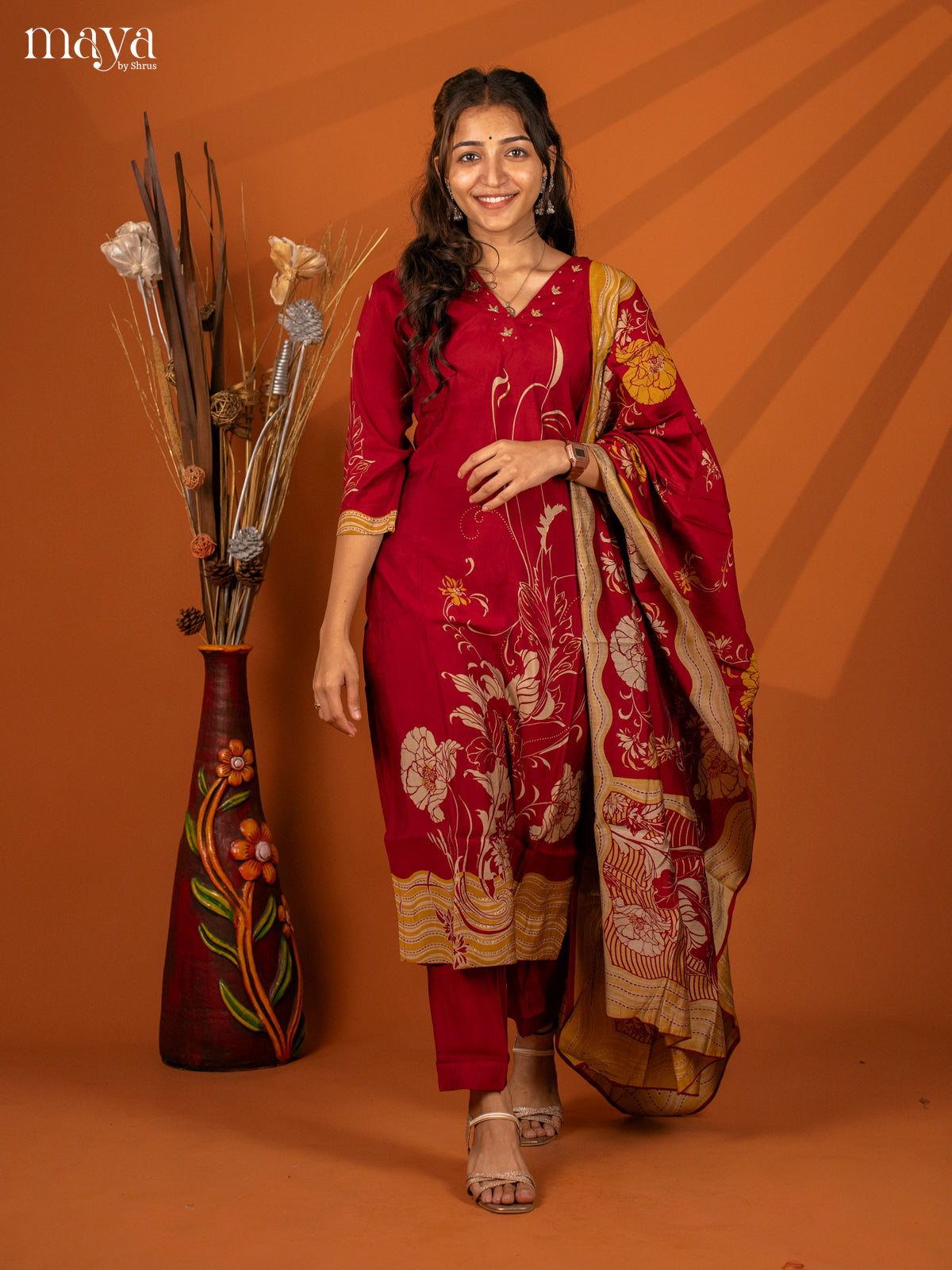 Maroon Cotton Printed 3Pc Salwar Suit- Top, Bottom & Dupatta