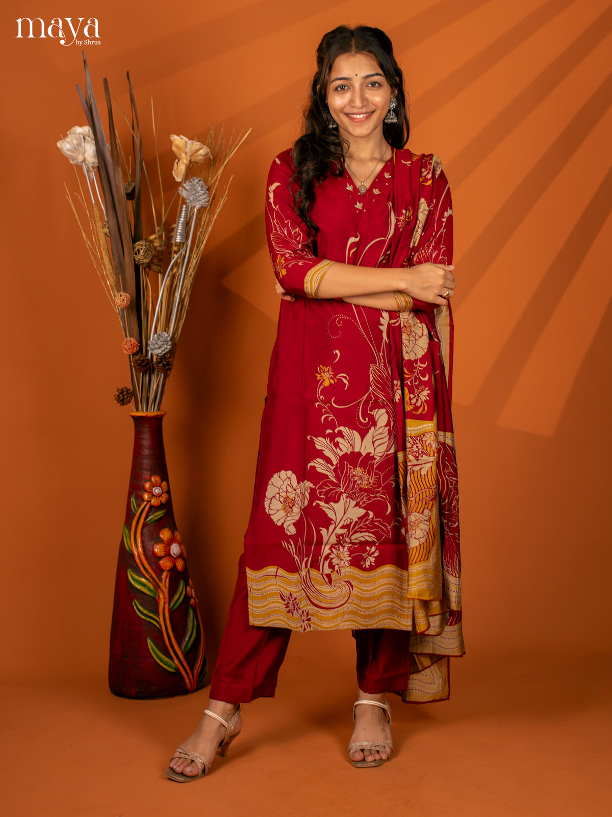Maroon Cotton Printed 3Pc Salwar Suit- Top, Bottom & Dupatta