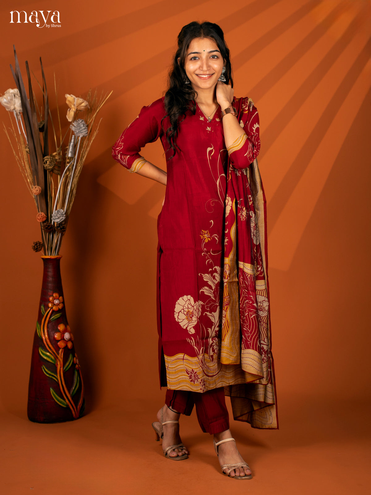 Maroon Cotton Printed 3Pc Salwar Suit- Top, Bottom & Dupatta