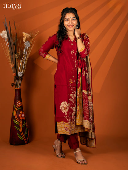 Maroon Cotton Printed 3Pc Salwar Suit- Top, Bottom & Dupatta