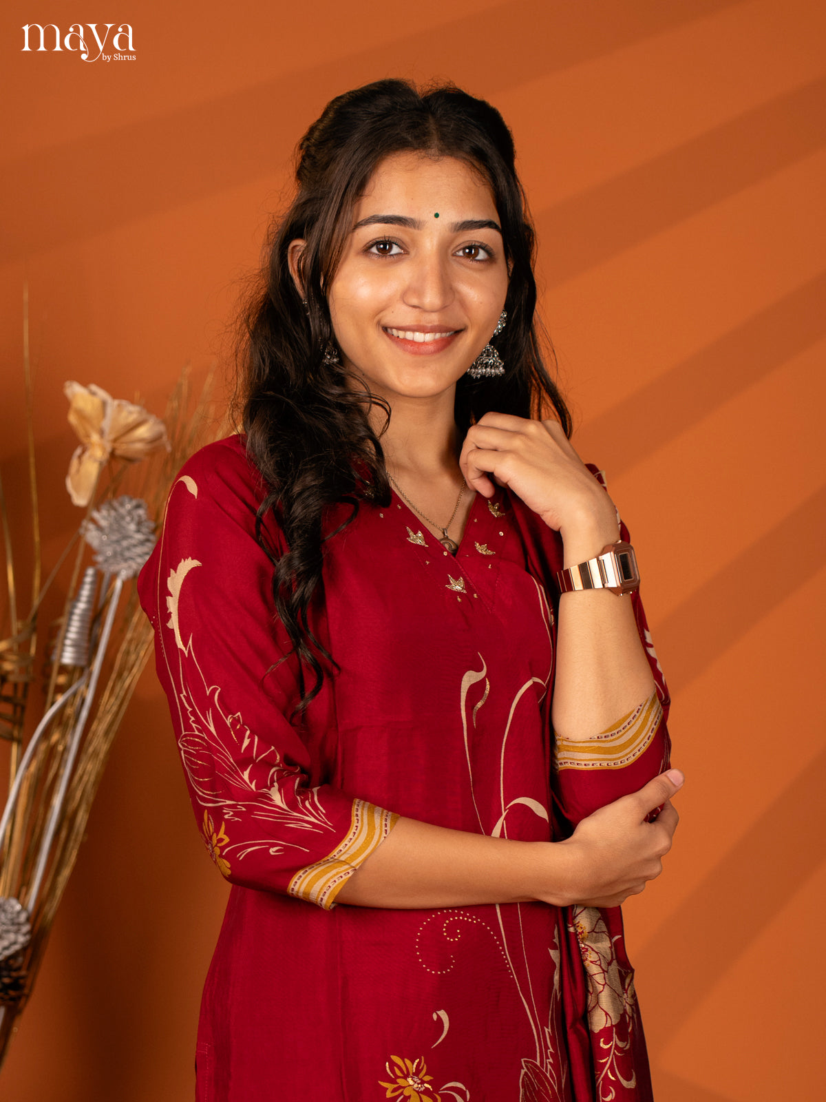 Maroon Cotton Printed 3Pc Salwar Suit- Top, Bottom & Dupatta