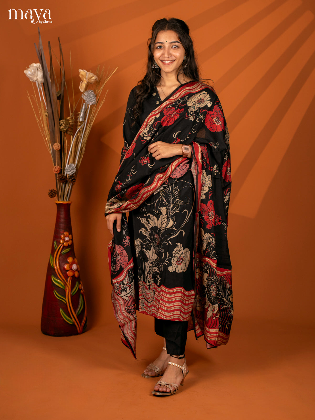 Black Cotton 3Pc Salwar with Printed- Top, Bottom & Dupatta