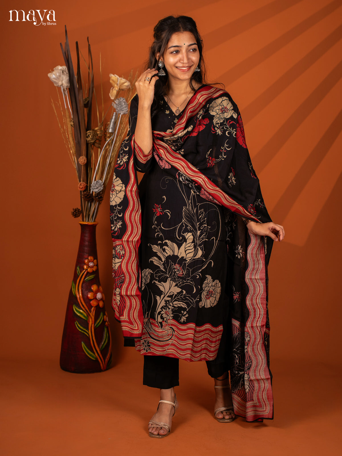 Black Cotton 3Pc Salwar with Printed- Top, Bottom & Dupatta