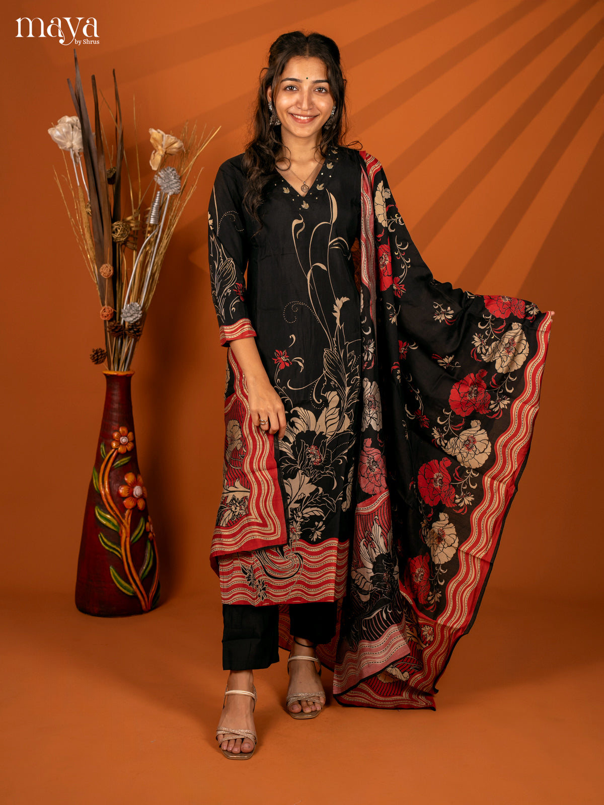Black Cotton 3Pc Salwar with Printed- Top, Bottom & Dupatta