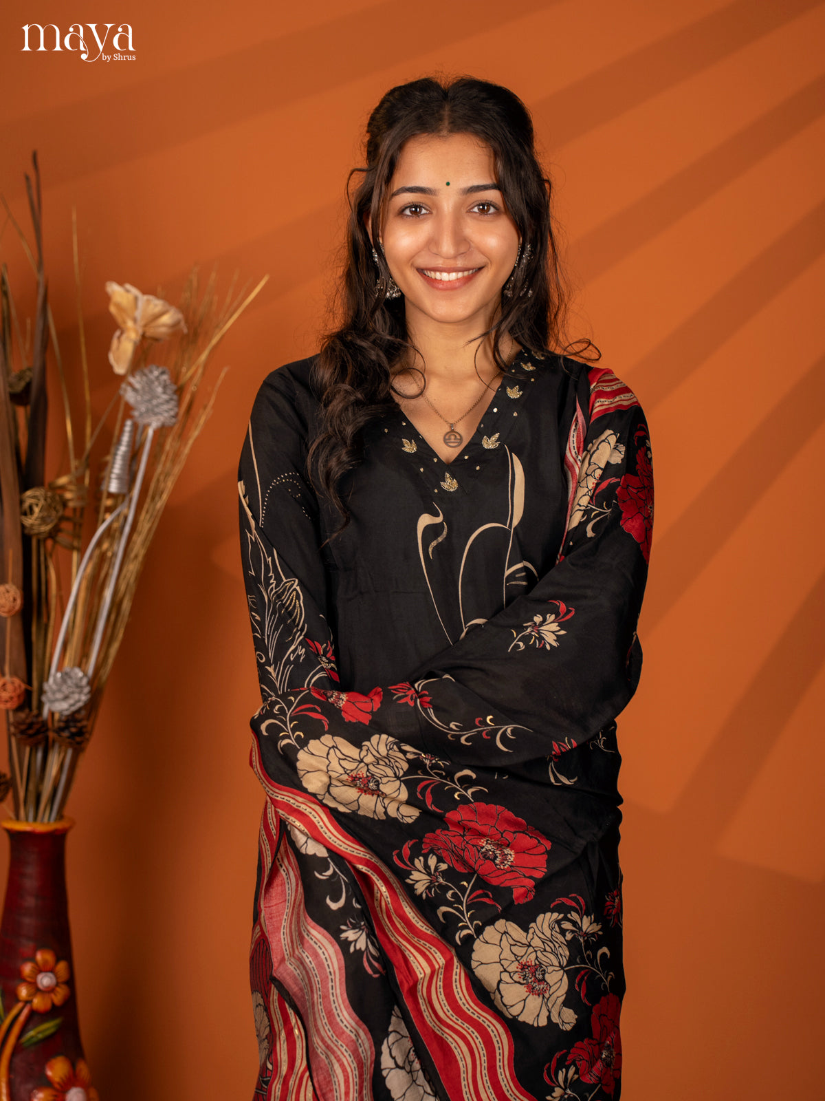 Black Cotton 3Pc Salwar with Printed- Top, Bottom & Dupatta
