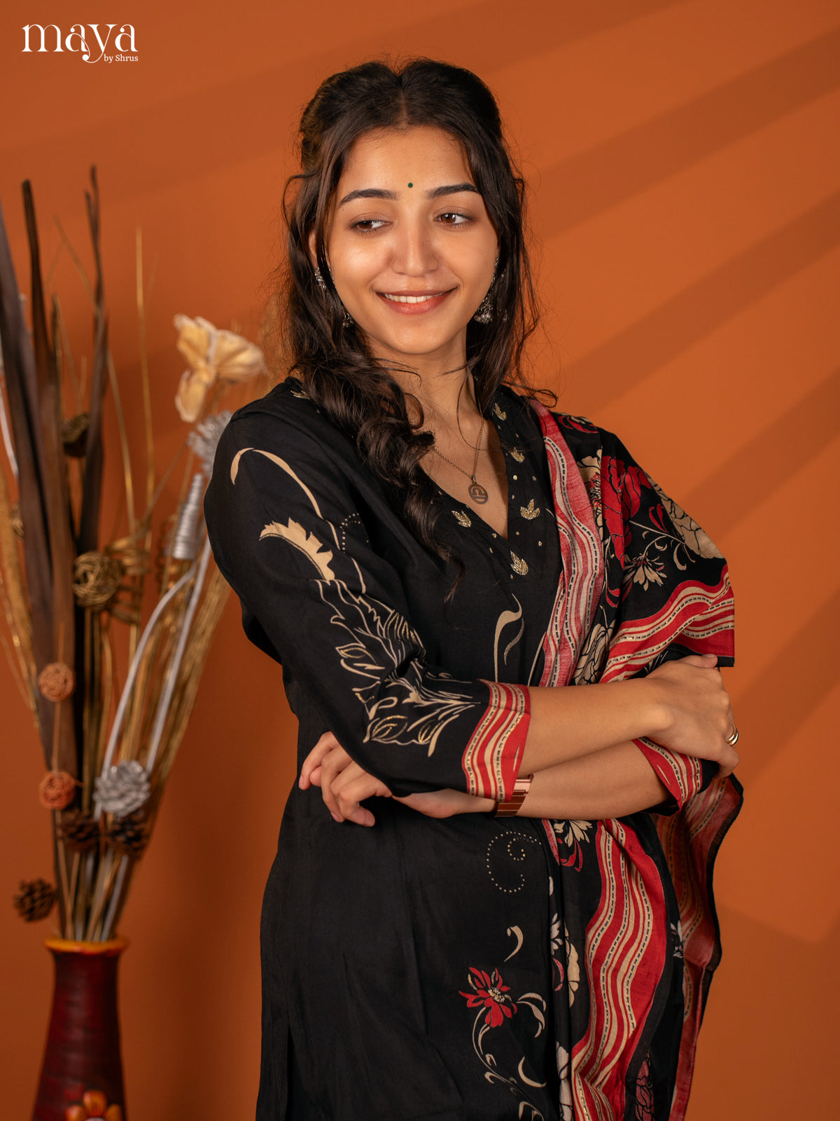 Black Cotton 3Pc Salwar with Printed- Top, Bottom & Dupatta