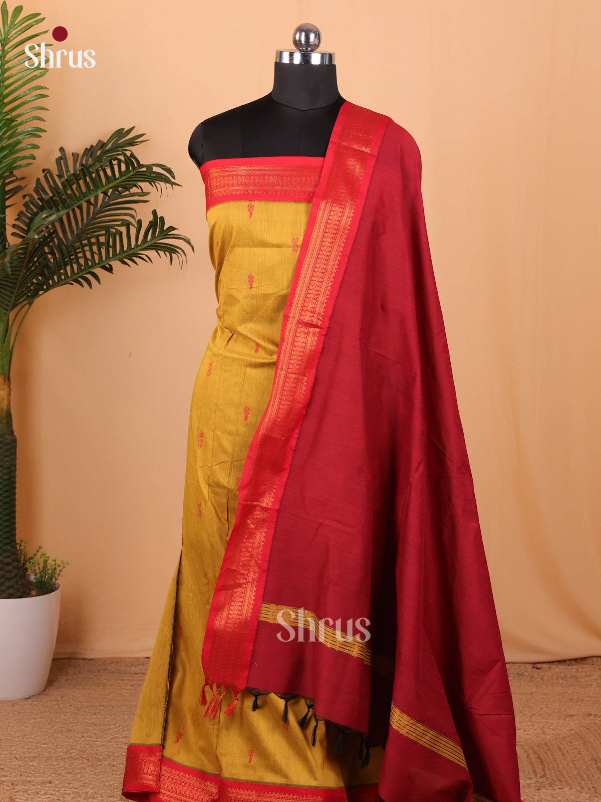 Mustard & Maroon Kalyani Cotton Unstitched Top & Dupatta - MDA22001