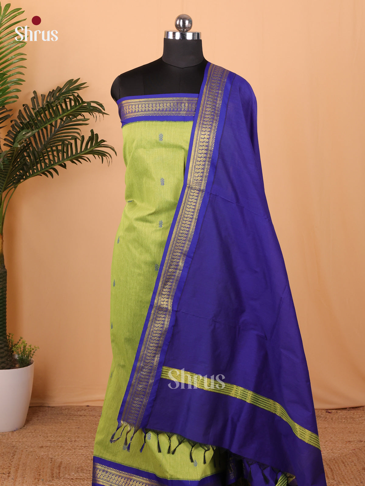 Kalyani Cotton Salwar Unstitch Lite Green & Royal Blue - MDA22003