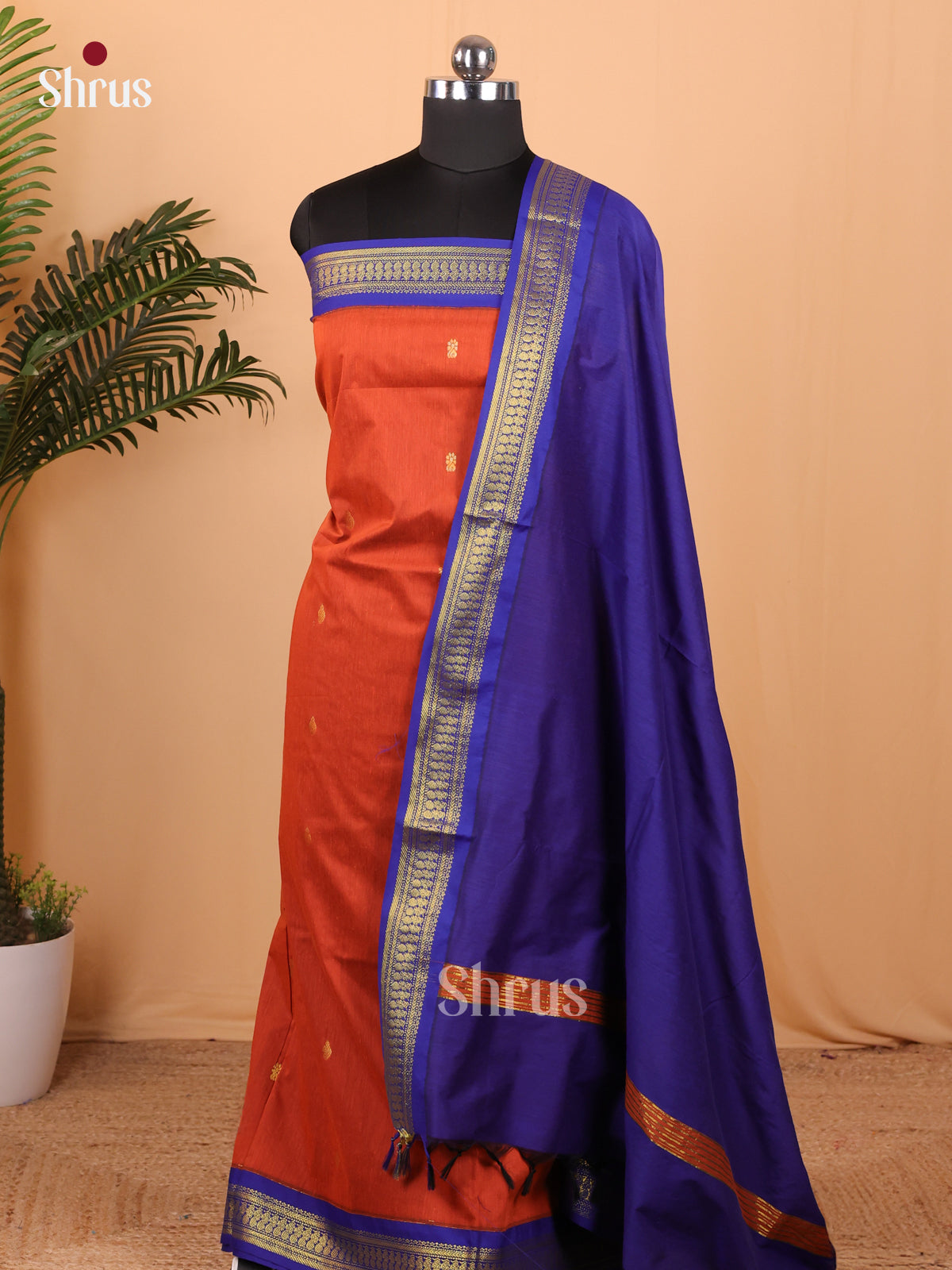 Orange & Blue - Kalyani Cotton Unstitched Top & Dupatta - MDA22004