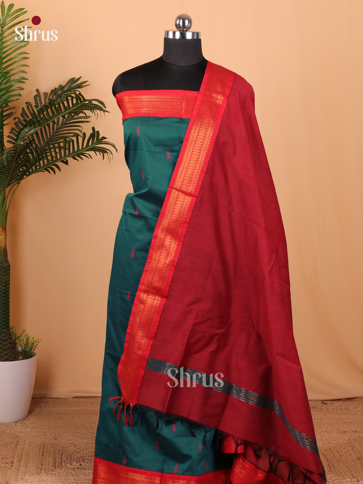 Green & Red Kalyani Cotton Unstitched Top & Dupatta- MDA22006