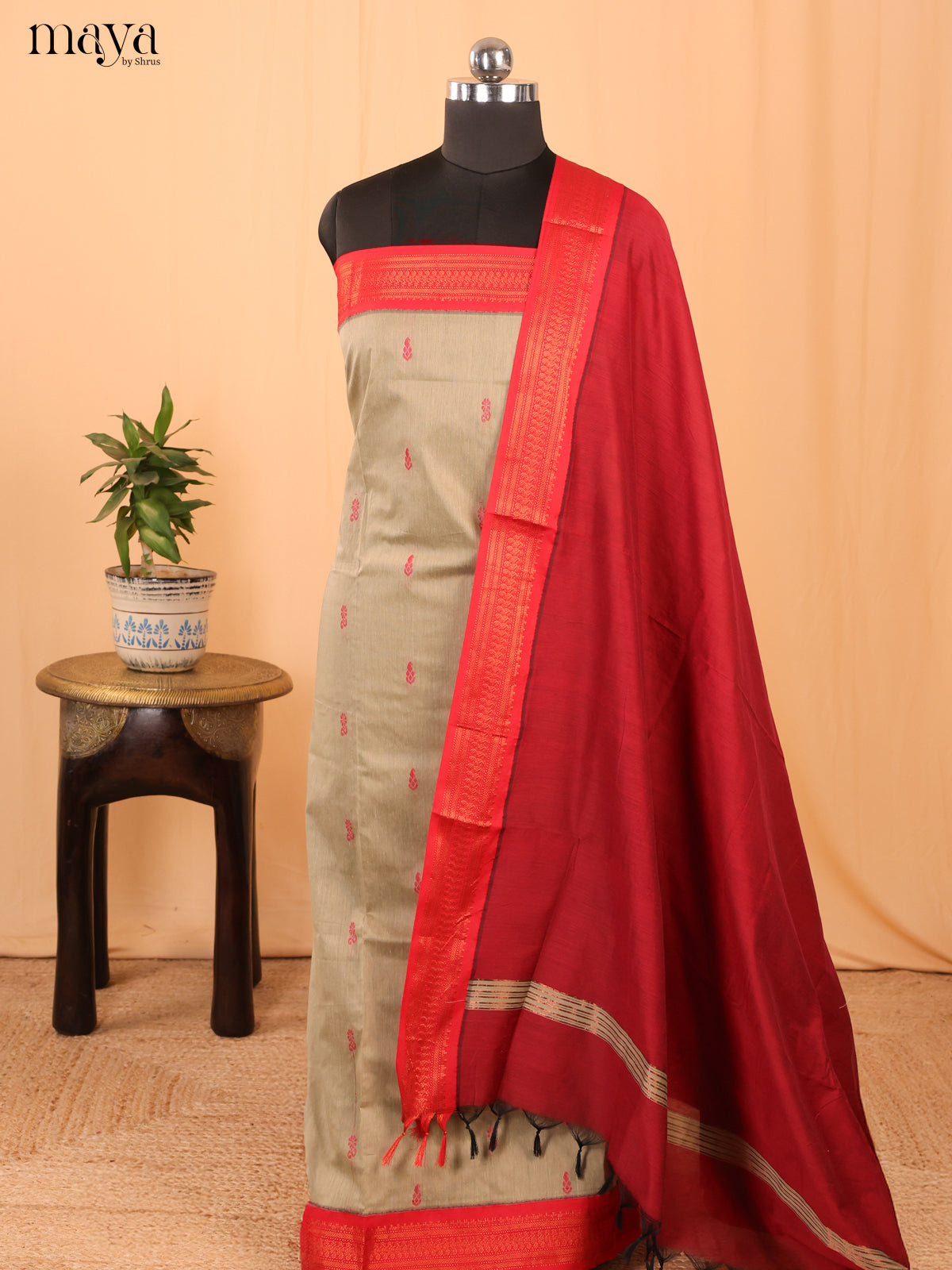 Grey & Maroon Kalyani Cotton Unstitched Top & Dupatta- MDA22007