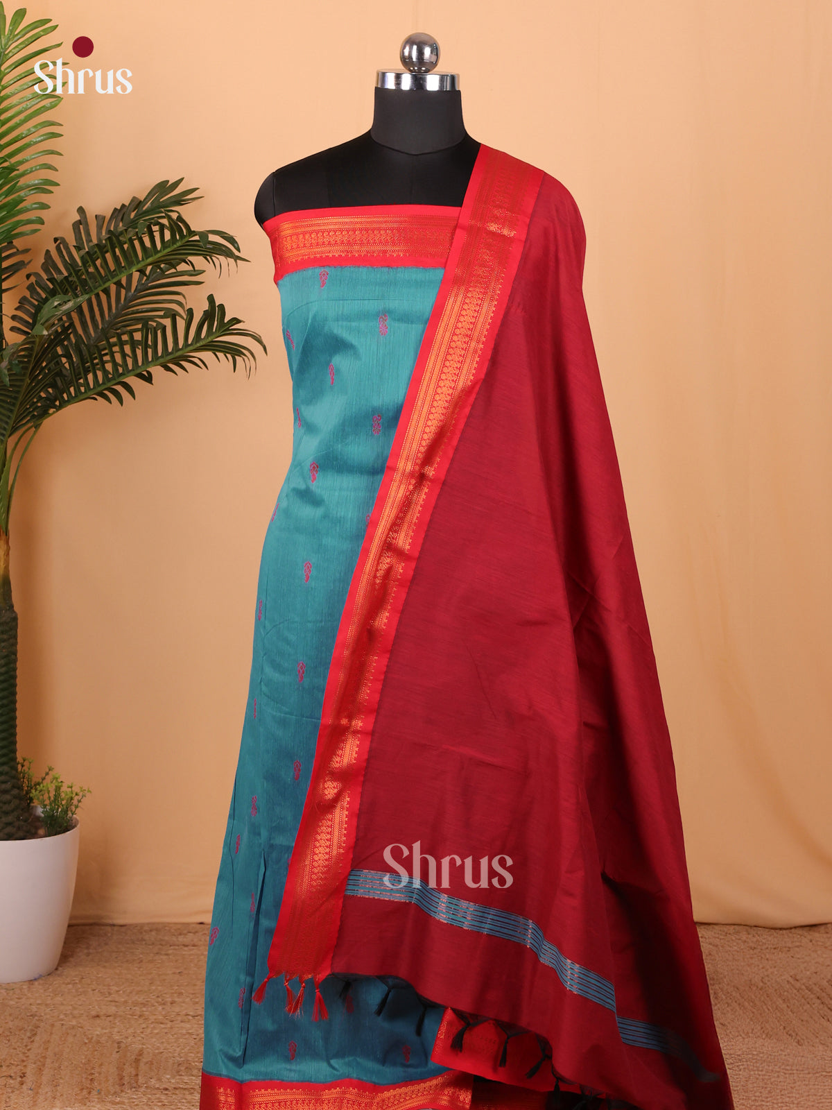 Blue & Maroon Kalyani Cotton Unstitched  Top & Dupatta- MDA22008