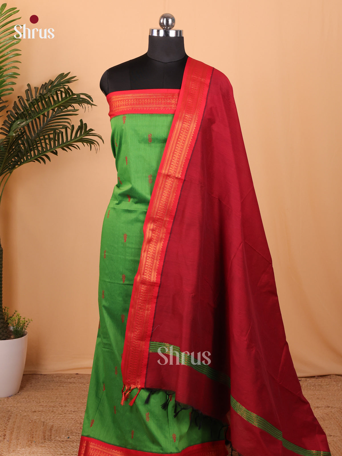 Green & Maroon - Kalyani Cotton Unstitched Top & Dupatta- MDA22009