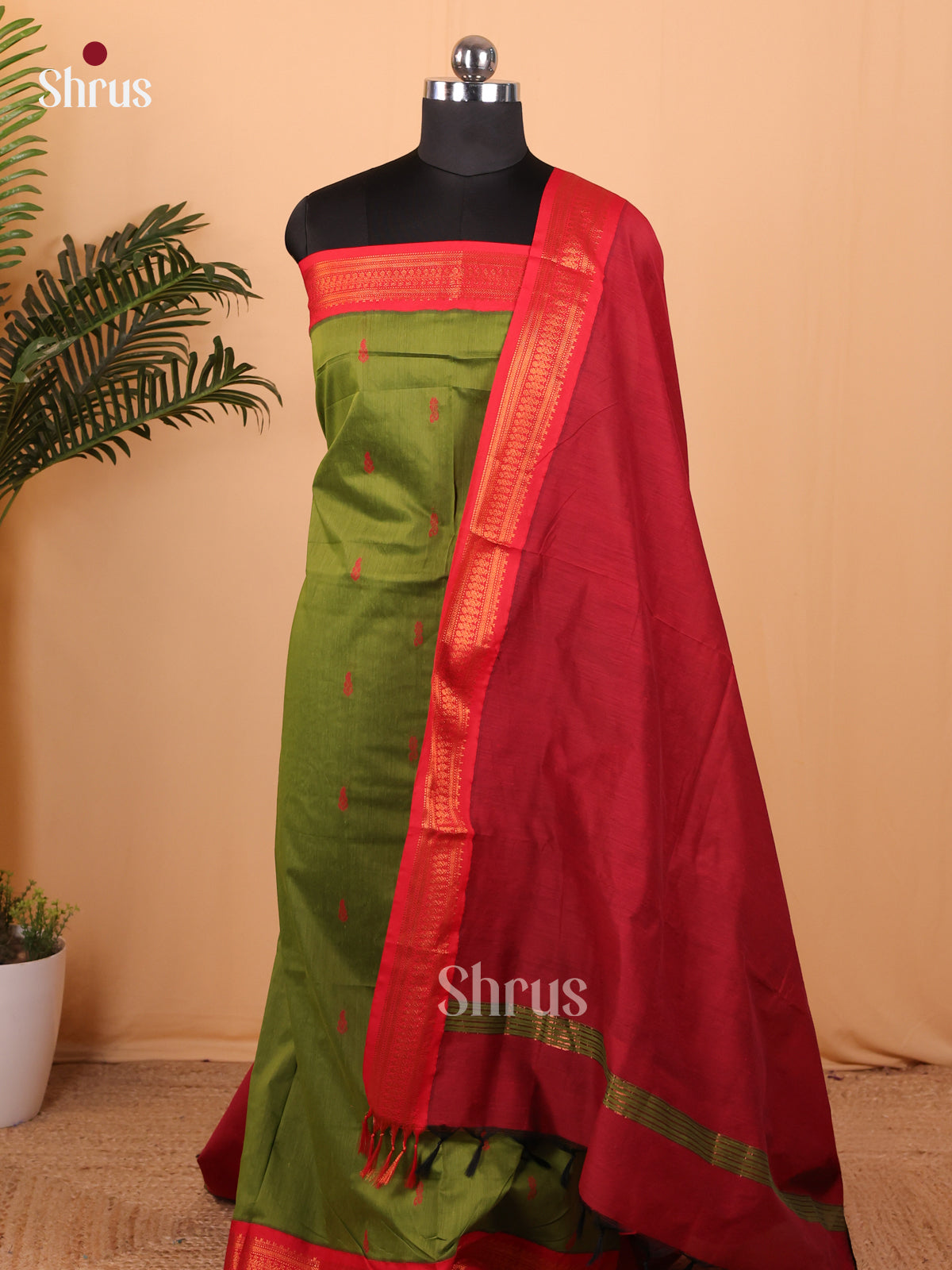Green & Maroon Kalyani Cotton Unstitched Top & Dupatta- MDA22010