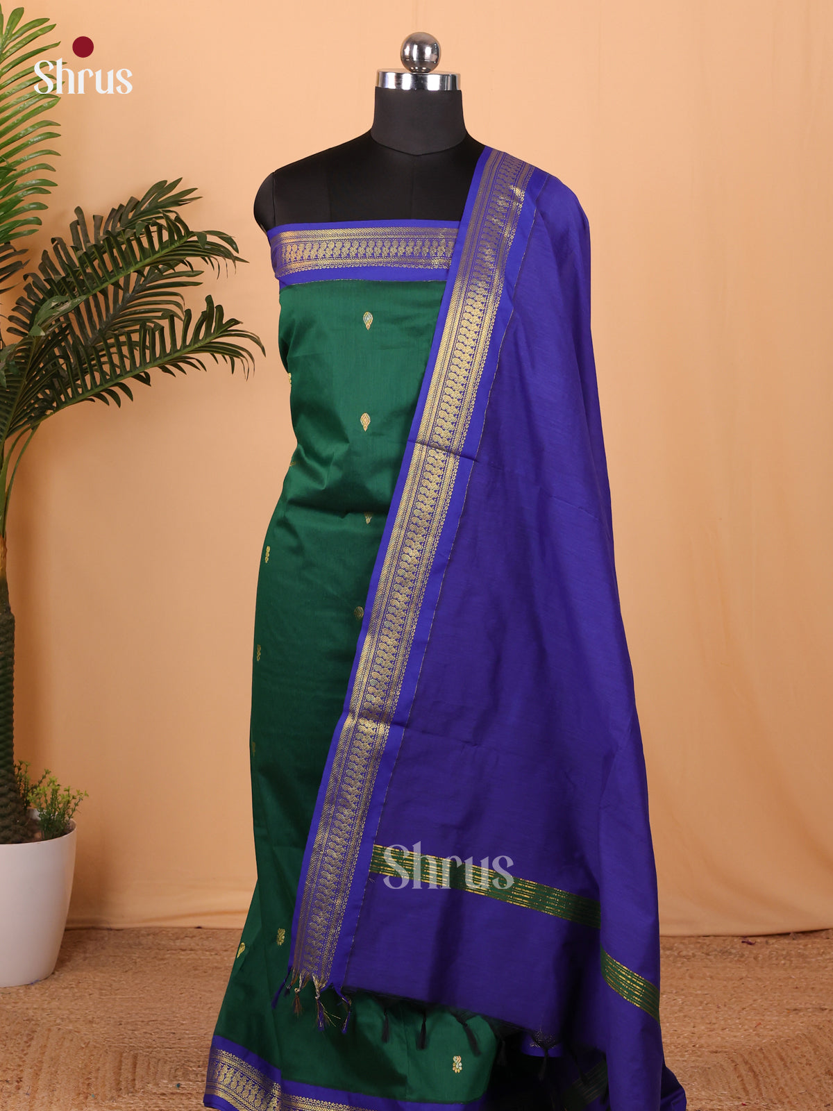 Green & Blue Kalyani Cotton Unstitched Top & Dupatta- MDA22011