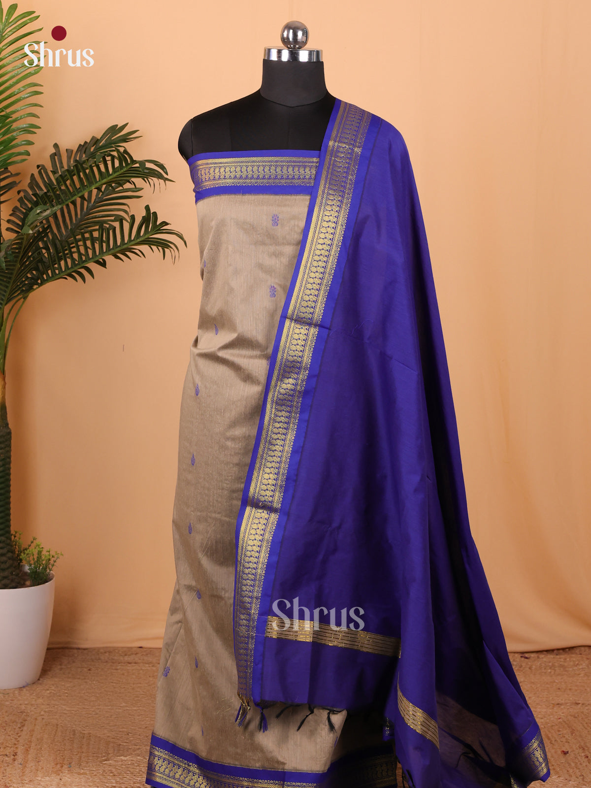 Grey & Blue Kalyani Cotton Unstitched Top & Dupatta- MDA22012