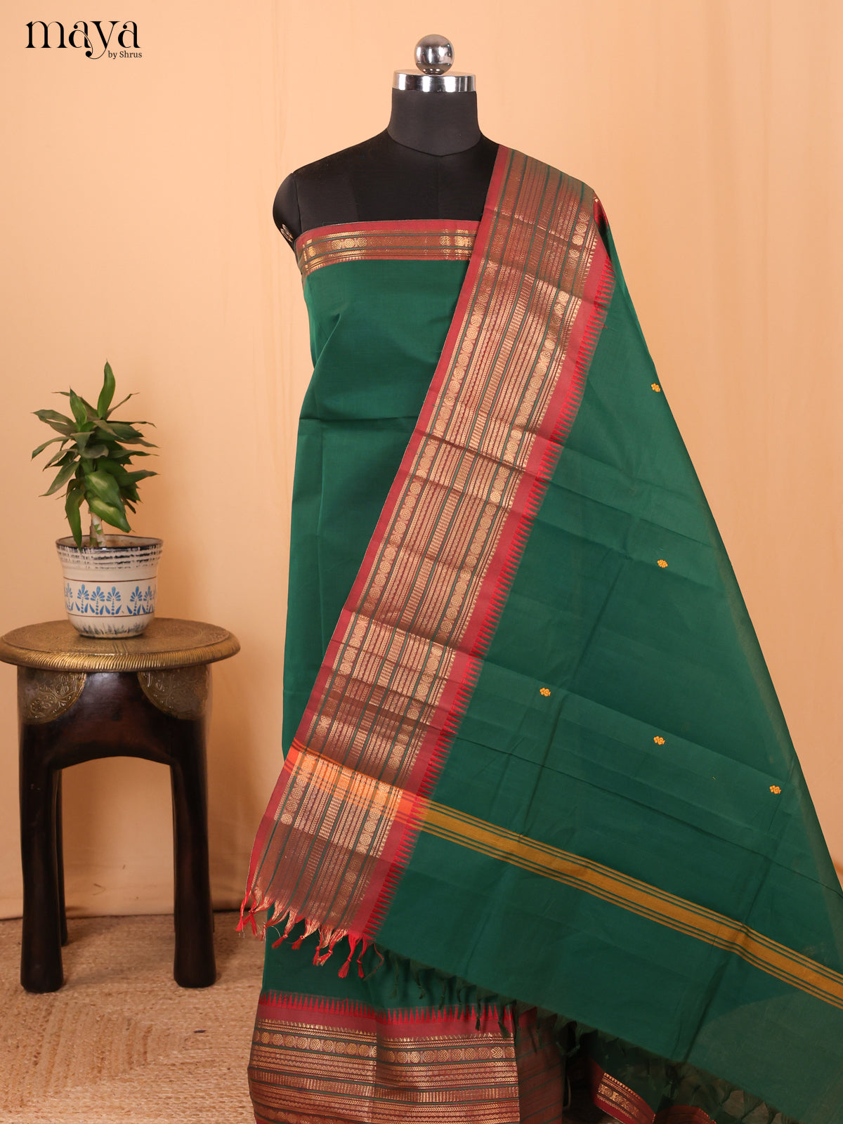 Green & Red - Chettinad Cotton Unstitched Top & Dupatta - MDA24001