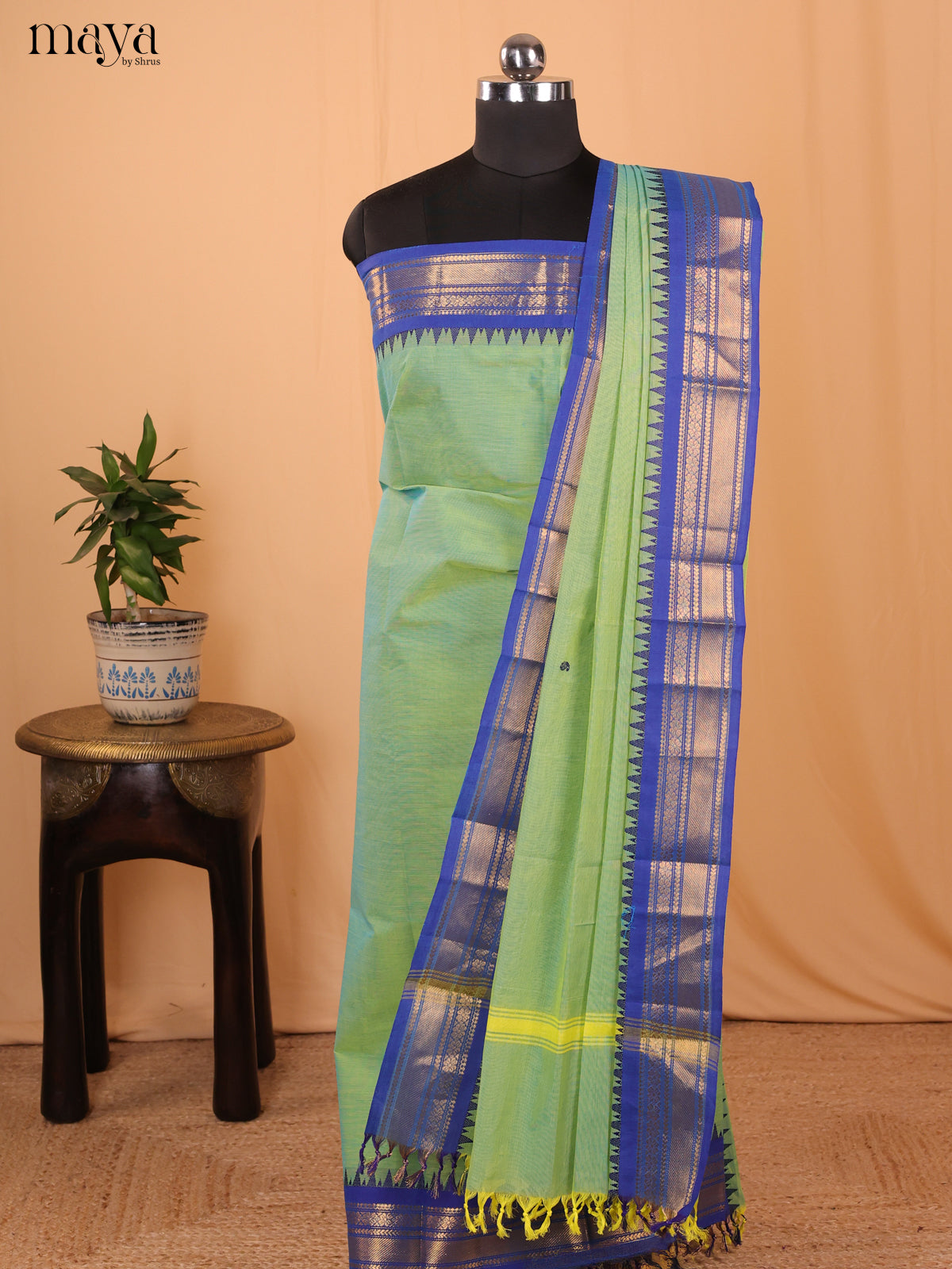 Green & Blue - Chettinad Cotton Unstitched Top & Dupatta- MDA24002