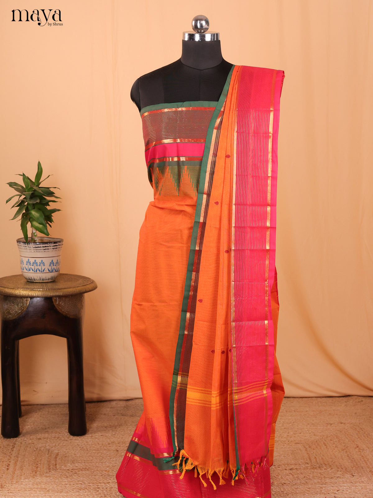 Orange & Pink - Chettinad Cotton Unstitched Top & Dupatta - MDA24003