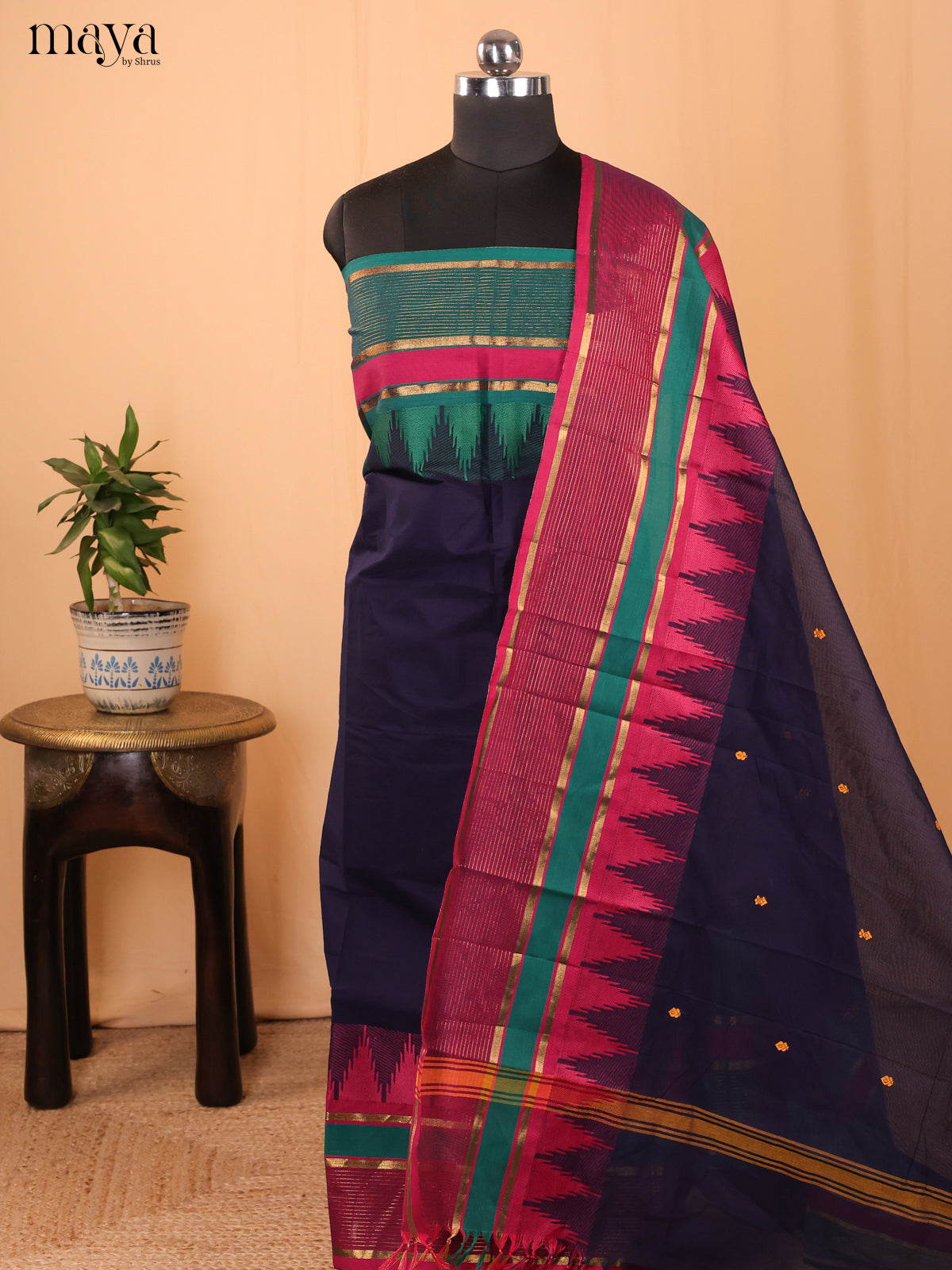 Dark Blue & Pink - chettinad top & dupatta combo