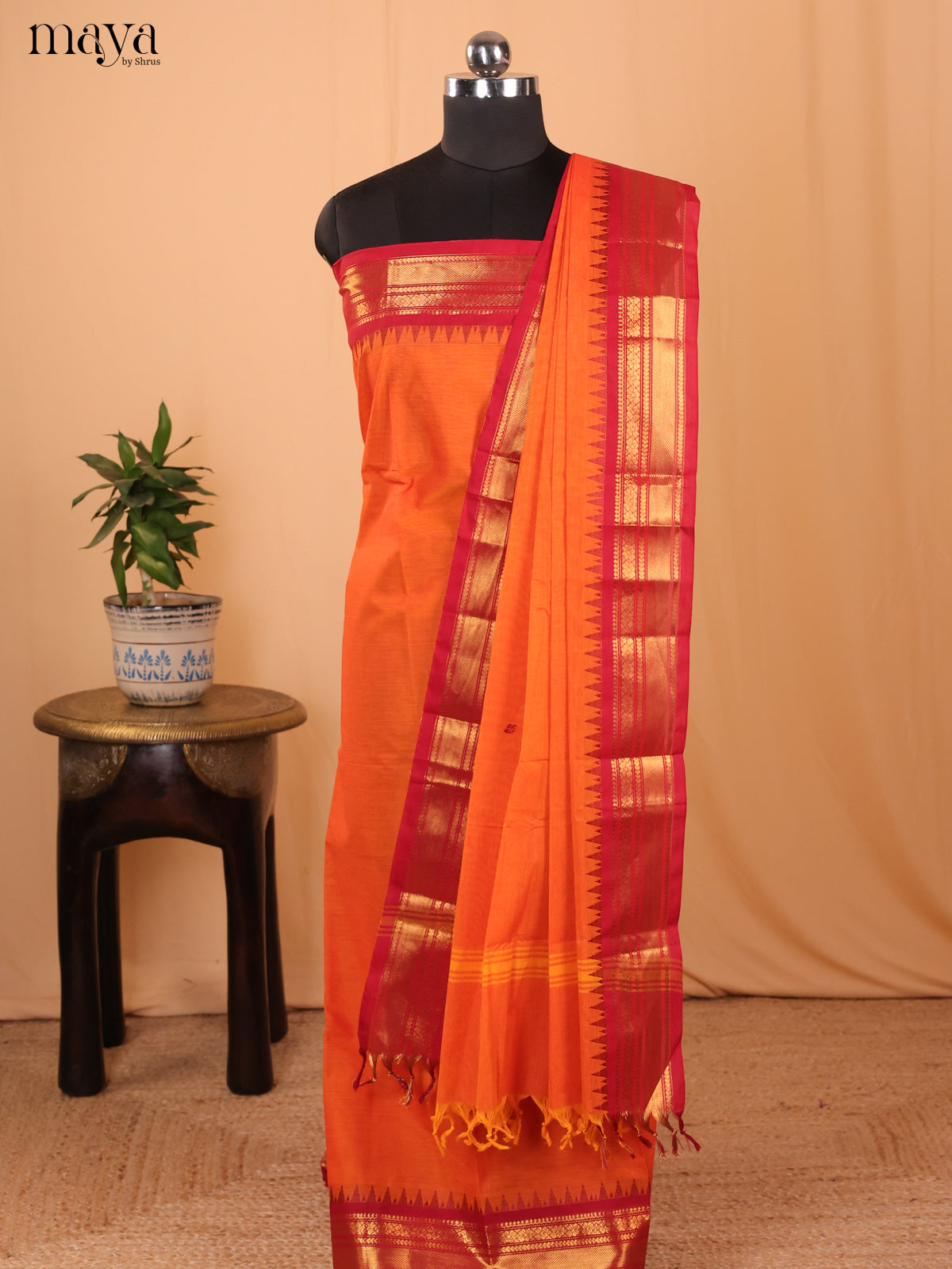 Orange & Red - Chettinad Cotton Unstitched Top & Dupatta - MDA24007