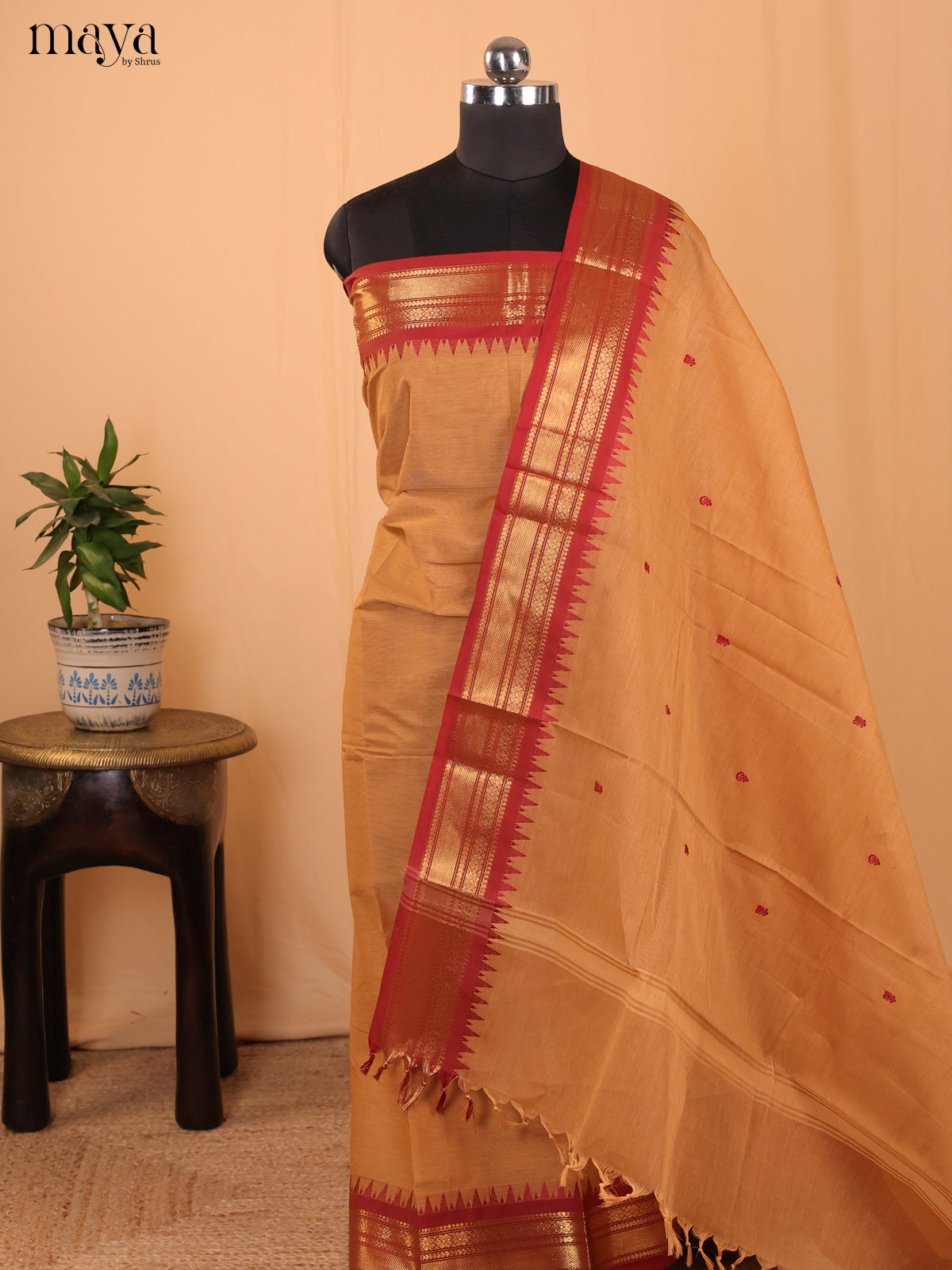 Sandal & Red-Chettinad Cotton Unstitched Top & Dupatta - MDA24009