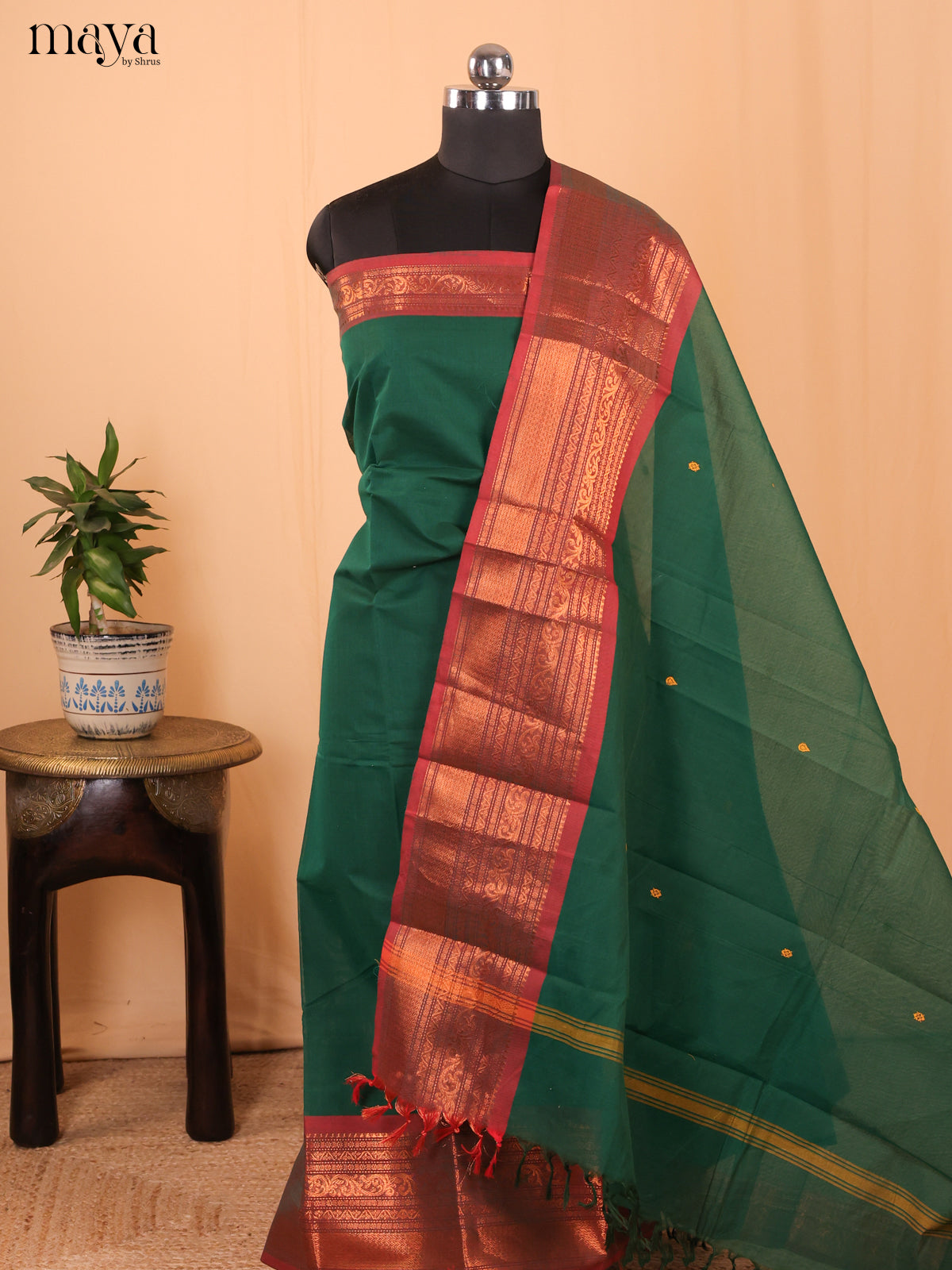 Green & Brown - Chettinad Cotton Unstitched Top & Dupatta -MDA24011