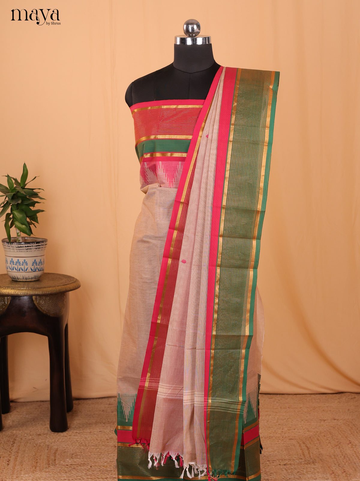 Grey & Green -Chettinad Cotton Unstitched Top & Dupatta - MDA24012