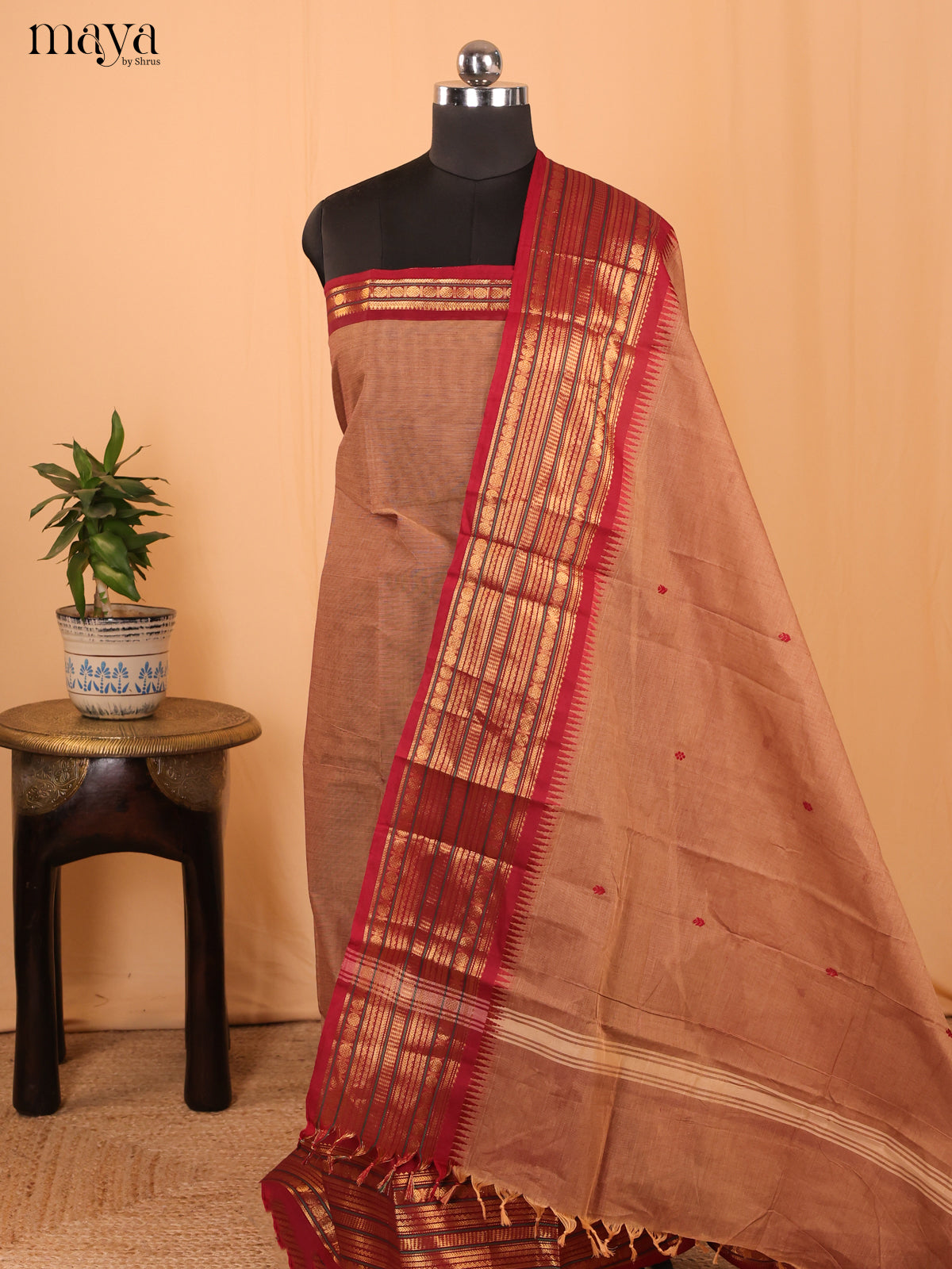 Light Brown & Red- Chettinad Cotton Unstitched Top & Dupatta - MDA24013